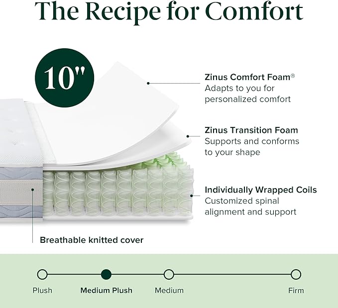 Zinus 10 Inch Comfort Support Hybrid Mattress [New Version], Queen, Fiberglass Free, Medium Plush, Motion Isolation, Certified Safe Foams & Fabric, Mattress in A Box - LeafyLoom