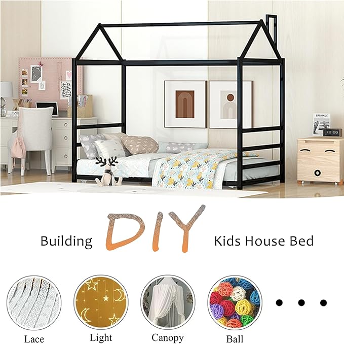 Bellemave Twin Size Montessori Floor Bed for Kids,Floor Bed with Roof, House Bed for Boys Girls,Metal House Shape Platform Bed Twin,Black - LeafyLoom