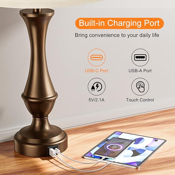 Touch Lamps for Bedrooms Set of 2 - Nightstand Table Lamp with USB C+A, 3 Way Dimmable Bedside Lamps for Living Room End Tables Set of 2, Farmhouse Night Stand Lamps for Bed Side Guest Room(Brown) - LeafyLoom