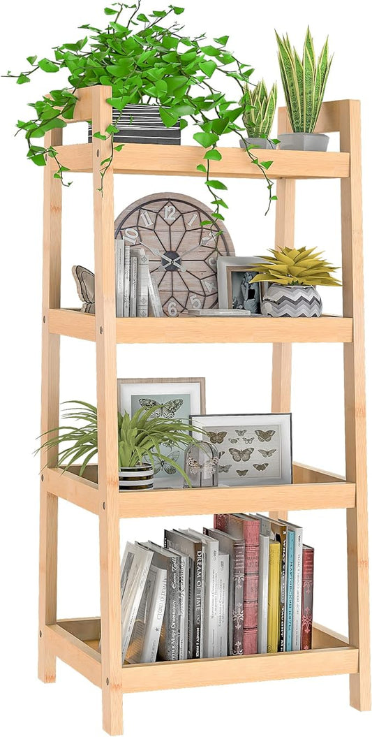 Bamboo Bookshelf, 4 Tier Ladder Shelf, Freestanding Storage Shelf Rack for Bathroom, Kitchen, Living Room - LeafyLoom