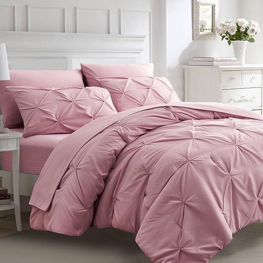 Ubauba 5pc Twin Comforter Set for Girls with Sheets, Blush Pintuck 5 Piece Bed in a Bag Set, Soft Pinched Pleat All Season Twin Size Bedding Sets (Pink,Twin) - LeafyLoom