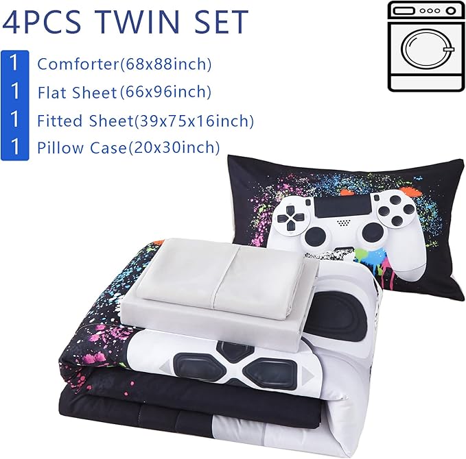 KAKKI 4 Piece Boys Twin Gamer Comforter Set with Sheets, 3D Colorful Video Game Controller Comforter for Kids Teen, All Season Soft Microfiber Gaming Bedding Set(White,Twin) - LeafyLoom