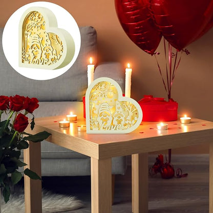 Valentine's Day LED Wooden Heart Light Sign 7 inch Light Up Heart Table Block Love Wood Lantern Shadow Box Gnome Shaped Tabletop Centerpiece for Wedding Engagement Shelf Desk Decoration - LeafyLoom