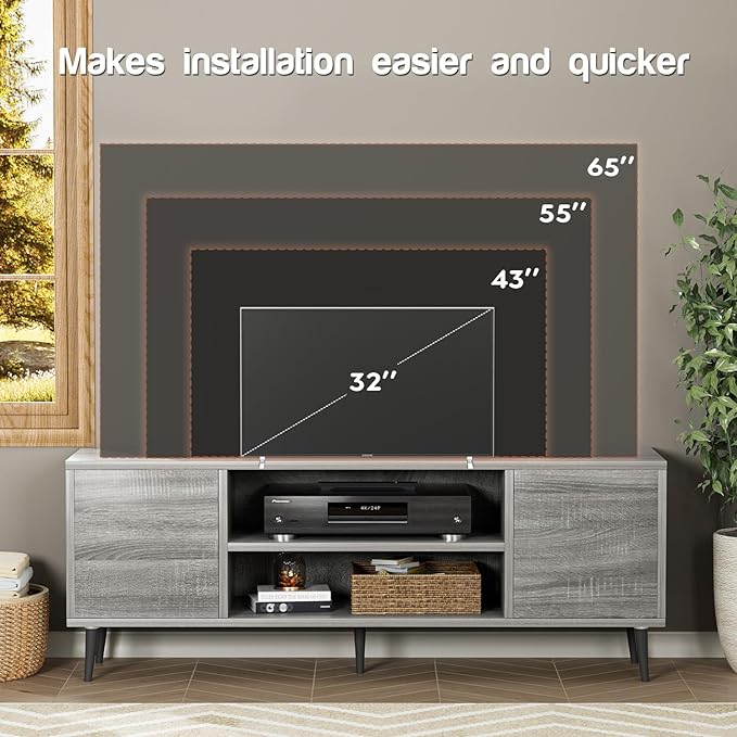 YESHOMY Modern TV Stand for 65" Television, Entertainment Center with Two Storage Cabinets, Retro Style Media Console for Living Room, Bedroom, Office, 58 Inch, Light Gray - LeafyLoom