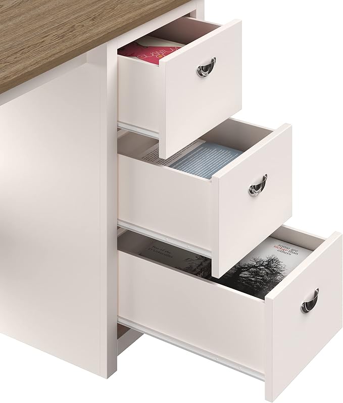 Lavish Home Traditional Desk with Attached 3-Drawer File Cabinet-for Home Office, Bedroom, Computer, or Craft Table, White and Wood Finish - LeafyLoom