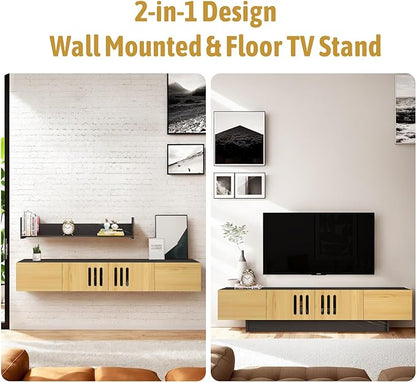 Pmnianhua Mid Century TV Stand,85'' Wall Mounted TV Cabinet,Low TV Bench Under TV Entertainment Center Shelf TV Console Table with 4 Cabinets for Living Room Bedroom(Light Oak) - LeafyLoom