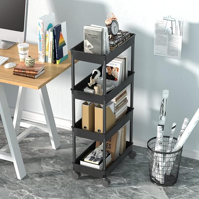 Sooyee 4 Tier Wide Storage Cart Mobile Shelving Unit Organizer Slide Out Storage Rolling Utility Cart Tower Rack for Kitchen Bathroom Laundry, Plastic & Stainless Steel,Black - LeafyLoom