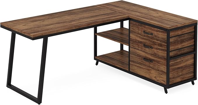 Reversible 53-inch L Shaped Desk with 3 Drawer, Farmhouse Corner Desk Gaming Table with Shelves and File Cabinet for Letter Size & Legal Size File for Home Office and Small Space - LeafyLoom