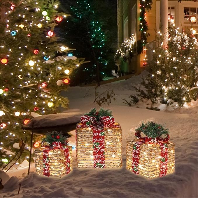 [Large 10"x8.5"x7" Christmas Set of 3 Lighted Rattan Gift Boxes Decorations Pre-lit 70 Super-Bright LED with Flashers,for Indoor Outdoor Pathway Holiday Party Home(Warm White) GLOWNOVA