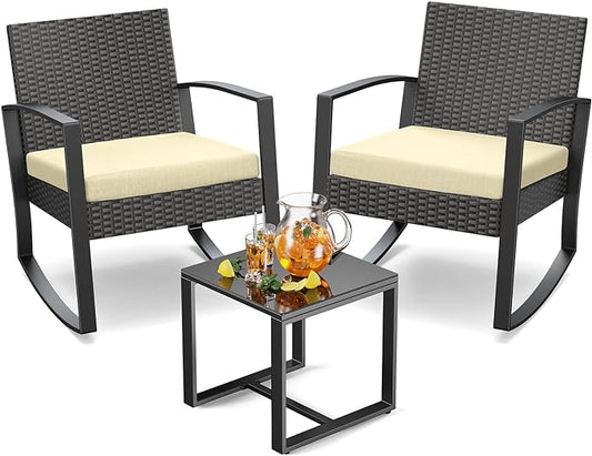 Patio Furniture Set Outdoor Wicker Bistro Set, Modern Rattan Patio Chairs Conversation Set with Coffee Table for Balcony Porch Garden Yard Poolside (3 Pieces, Beige) - LeafyLoom