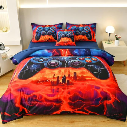 Game Console Twin Comforter Set with Sheets, Microfiber 6 Pcs Bed in A Bag Twin Size Gamer Bedding Set for Boys Kids Teens - LeafyLoom