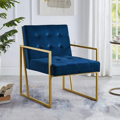 24KF Modern Navy Velvet Button Tufted Accent Chair with Golden Metal Stand, Decorative Furniture Chairs for Living Room Bedroom - Navy - LeafyLoom