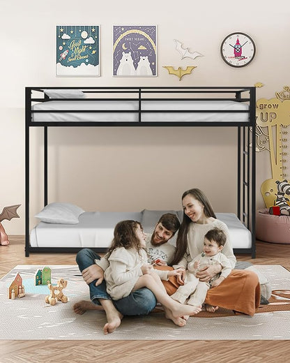 Twin Over Twin Bunk Bed - LifeSky Metal Low Profile Bunkbed with Side Ladder Black - LeafyLoom