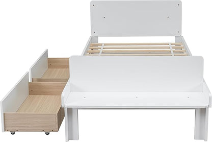 Twin Bed with 2 Drawers,Storage Platform Bed with Footboard Beach and Headboard,Pine Wood Twin Size Bed Frame High Stable for Kids,Boys,Girls,Teens, No Box Spring Needed,White - LeafyLoom