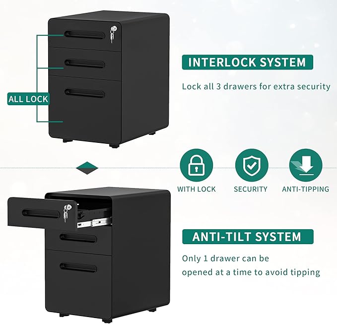 YITAHOME 3-Drawer Metal Mobile File Cabinet, Rolling Filing Cabinet with Lock, Filing Cabinet Under Desk fits Legal/A4 Size for Home/Office, Fully Assembled,Black - LeafyLoom