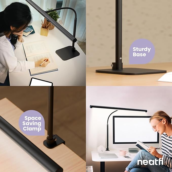 Neatfi LED Desk Lamp with Clamp and Base, Motion Sensor, Touch Control, 1100 Lumens, 5 Brightness Levels, 5 Light Modes, Steplessly Adjustable, 60-min Timer, Ideal for Home, Study, Reading (Black) - LeafyLoom