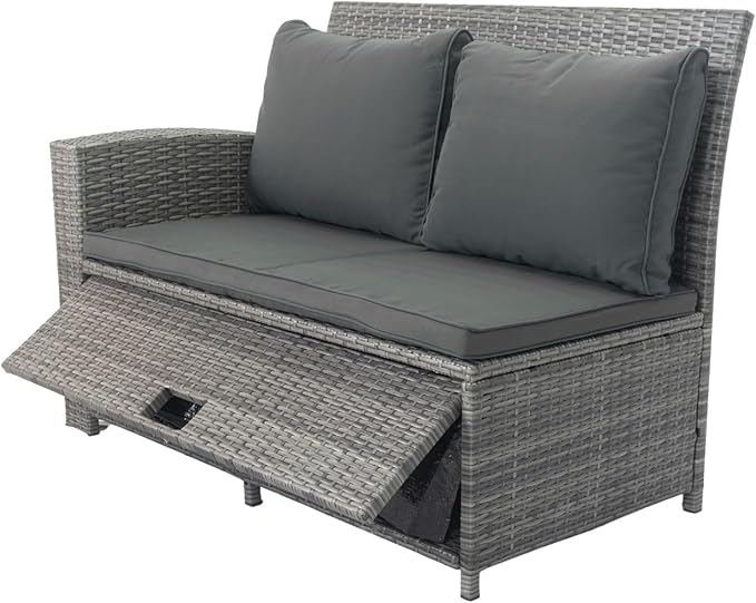 5 Pieces Outdoor Rattan Patio Furniture Sectional, Seater Conversation Set with 3 Storage Under Seat Wicker + Dark Cushion for Backyard, Deck, Poolside, Zl-Grey - LeafyLoom