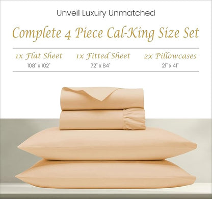 Bluemoon Homes 100% Egyptian Cotton Sheets Cooling Bedsheet California King Size - 1000 TC 4 Pc Sheets for Cal King Size Bed, Sateen Luxury Hotel Sheets, Soft, Fits Upto 18" Mattress - Sand - LeafyLoom