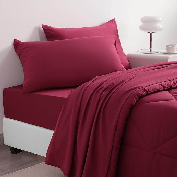 NTBAY Twin Comforter Set with Sheets, 5 Pieces Soft and Breathable Twin Bedding Set, Twin Bed in a Bag, Down Alternative Comforter Set Solid Color All Season, Kids Bedding Set, Wine Red - LeafyLoom