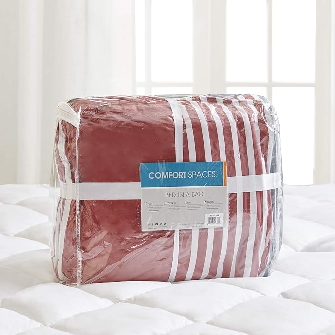 Comfort Spaces Twin Comforter Sets with Sheets - Bed in a Bag 6 Pieces Teen Bedding Sets Twin, Red and Grey Stripes Bedding Twin, College Twin Bed Set with 2 Side Pockets Bedroom Organizer - LeafyLoom