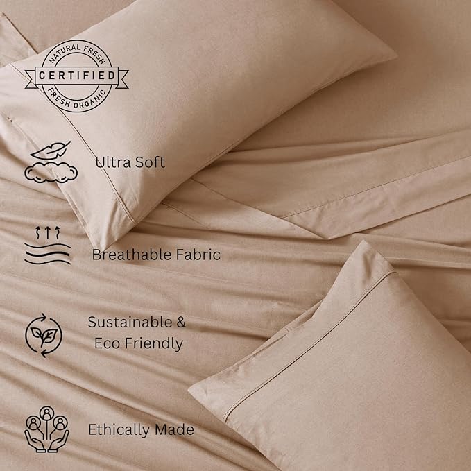 LANE LINEN 100% Organic Cotton Sheets Set Pure Long- Staple Percale Weave - Bedding for Bed Fits Mattress Upto 15" Deep Pocket (Queen Taupe) - LeafyLoom