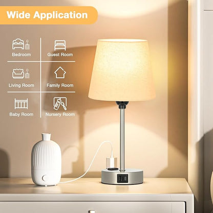 Table Lamps for Bedrooms Set of 2 Bedside - Nightstand Bedroom Lamp with USB C Port and AC Outlet Charging, Dimmable Touch Small End Side Lamp, Beige Night Stand Light for Kid/Guest Room/Living Room - LeafyLoom