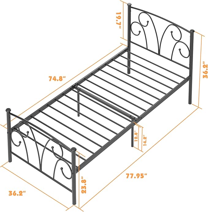 Timy Kids Twin Bed Frame with Headboard and Footboard, Metal Platform Bed Frame with 12 Inch Storage Space for Boys Girls Teens Adults, No Box Spring Needed, Black - LeafyLoom