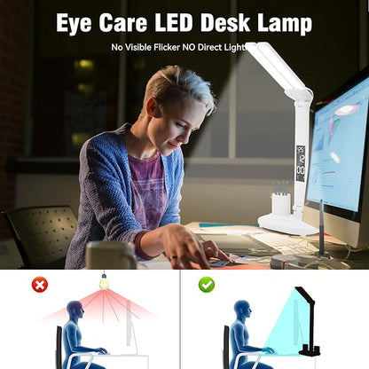 LED Desk Lamp Light with 2 Pen Holders, Time, Date, Temperature Display, Dimmable, 3 Color Modes, Touch Control, Foldable,Eye-Caring Table Lamp for Office Home Reading Study - LeafyLoom