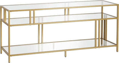 Henn&Hart Rectangular TV Stand with Glass Shelves for TV's up to 60" in Brass, TV Stands for the Living Room - LeafyLoom