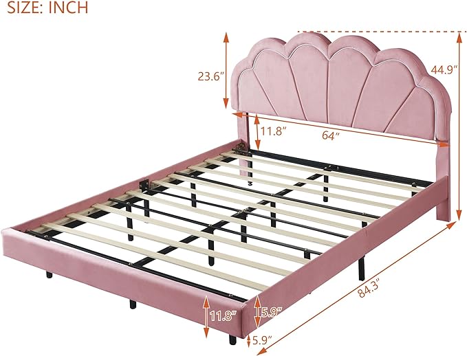 Queen Upholstered Smart LED Bed Frame with Elegant Flowers Headboard, Floating Velvet Platform LED Bed with Wooden Slats Support, No Box Spring Needed, Easy Assembly, Pink - LeafyLoom