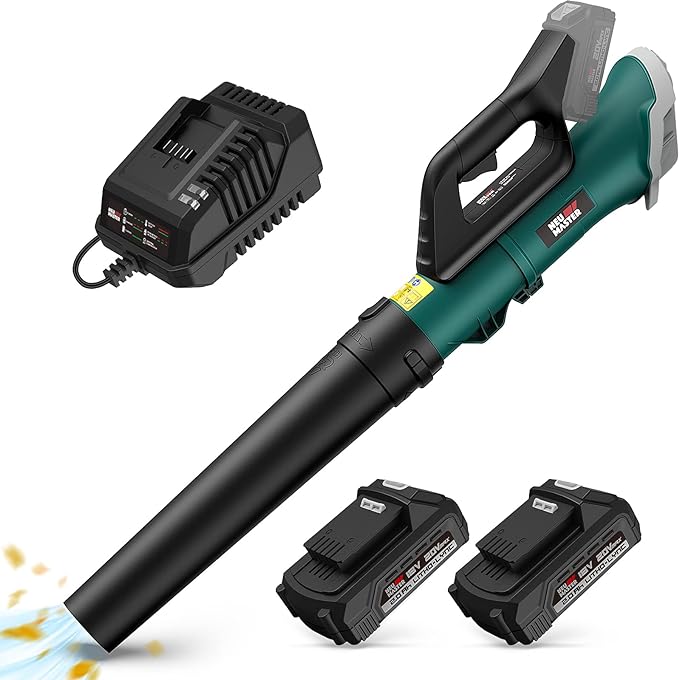 NEU MASTER Leaf Blower, 20V Battery Operated Leaf Blower Cordless Electric Blower with 2 x Battery and Fast Charger, Variable Speed Blower for Lawn Care, Patio, Yard, Jobsite - LeafyLoom