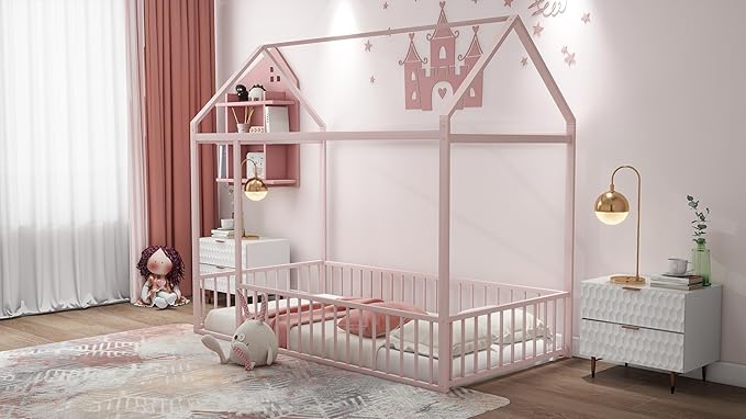 RITSU Twin Size Montessori Floor Bed, Metal House Bedframe with Fence, Robust Construction is Used, for Children'S Rooms, Boys Girls, No Box Spring Needed, Easy Assembly, Pink - LeafyLoom