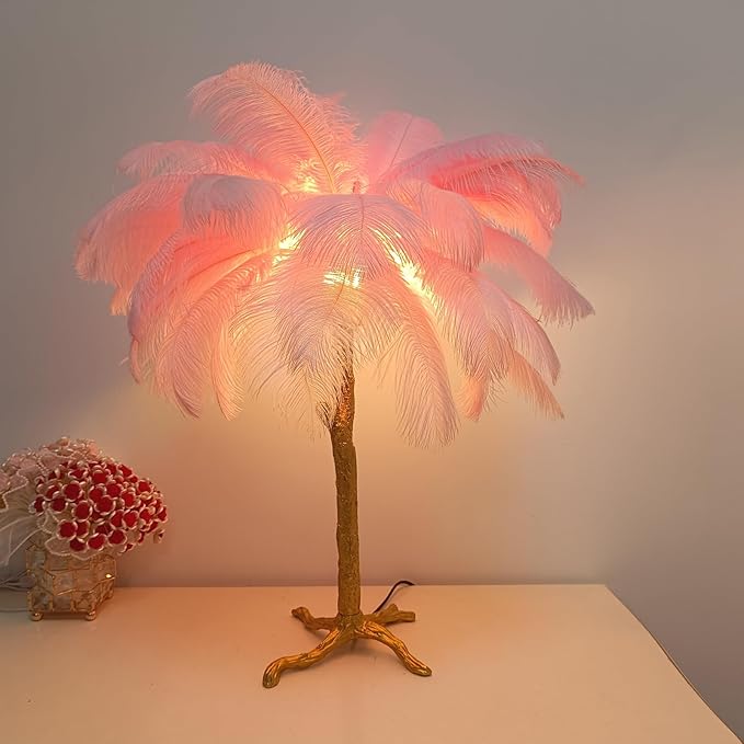 Ostrich Feather Desk Lamp Bedside Pink Cute Lamp Gold Resin Table Lamp, Coconut Tree Feather Lamp for Bedroom Living Room Hallway Wedding Girls Bedroom Night Light G4 Base - LeafyLoom