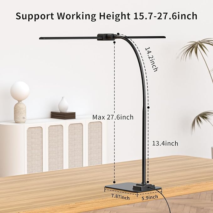 KableRika Desk Lamp Double Light: Bright Led Desk Lights for Home Office - Eye Care Reading Table lamps with Base - Dimmable Desktop lighting for Computer Monitor Study Drafting - LeafyLoom