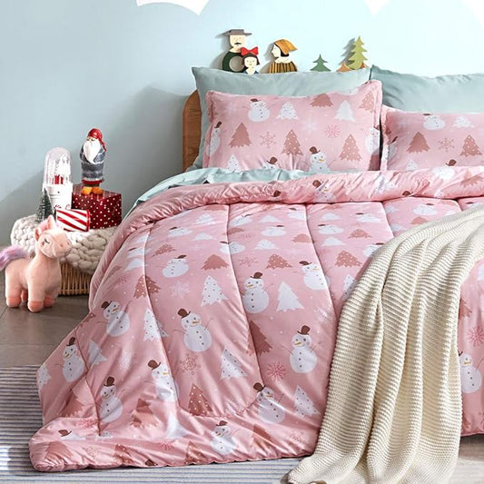 SLEEP ZONE Kids Twin Bedding Comforter Set - Super Cute & Soft Kids Bedding 5 Pieces Set with Comforter, Sheet, Pillowcase & Sham (Pink Snowman) - LeafyLoom