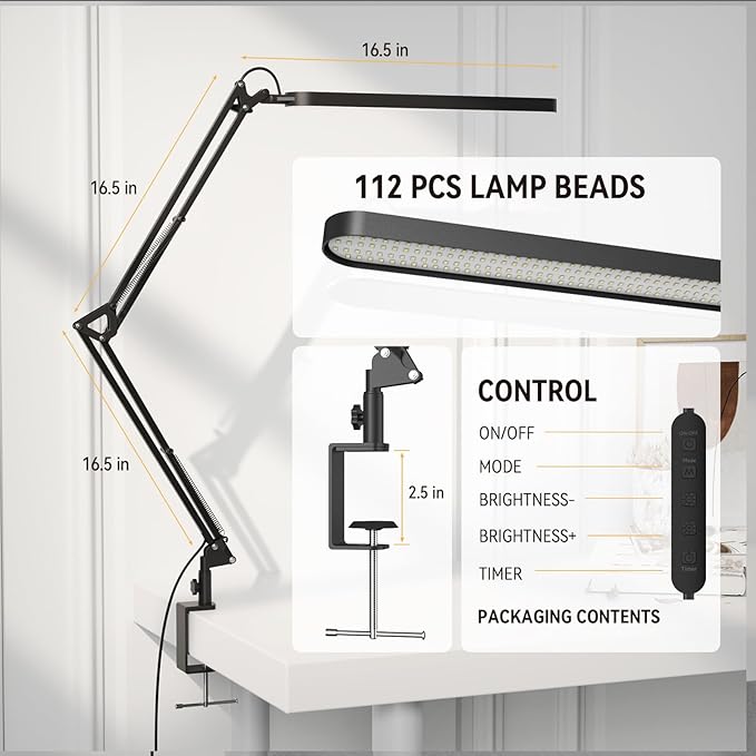 SKYLEO Desk Lamp - Desk Light for 31.5" Tall - 5 Color Modes X 11 Brightness Levels - Adjustable Swing Arm - Timmer & Memory Function - 12W Lamp for Desk - Black - LeafyLoom