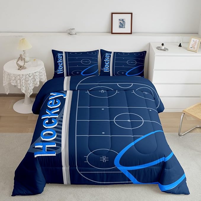 Feelyou Kids Ice Hockey Comforter Set Twin Size Ice Sports Games Bedding Set for Boys Girls Teens Bedroom Decor Hockey Player Comforter Puck Hockey Duvet Set with 1 Pillow Case - LeafyLoom