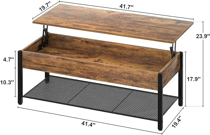 Homieasy Coffee Table, Lift Top Coffee Table with Storage Shelf and Hidden Compartment, Modern Lift Top Table for Living Room, Wood Lift Tabletop, Metal Frame - Rustic Brown - LeafyLoom