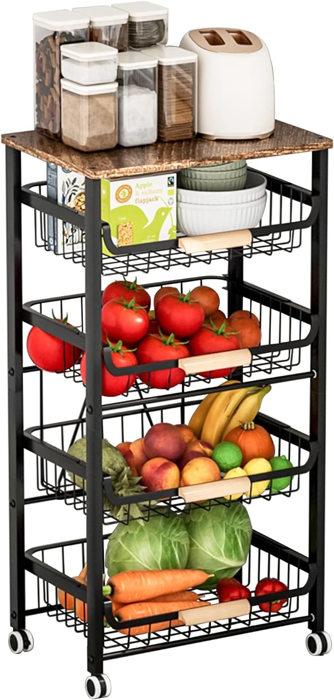 Pull-Out Kitchen Storage Cart 5 Tier Kitchen Fruit Cart on Wheels,Fruit Basket for Kitchen,Bedroom Kitchen Organizer and Storage Rack, Potato Onion Vegetable Storage (Black) - LeafyLoom