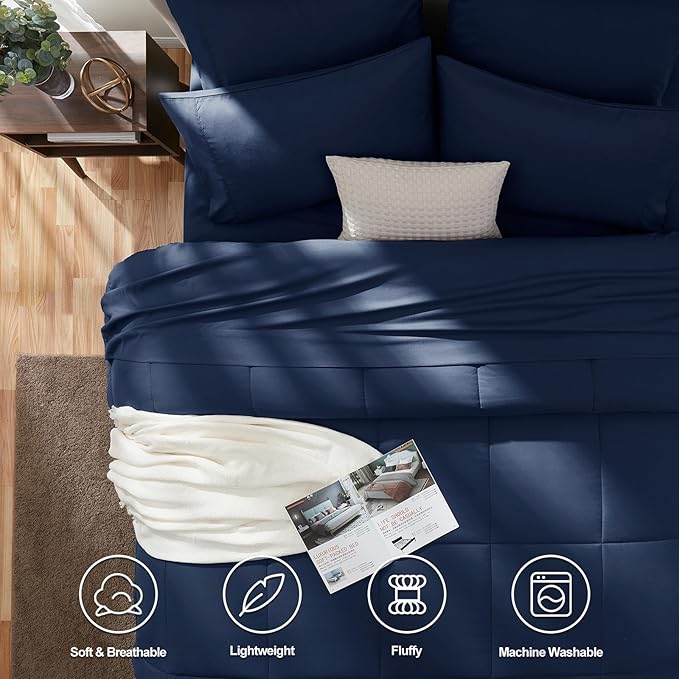 CozyLux Full Size Comforter Sets - 7 Pieces Bed in a Bag Set Navy Blue Full, Complete Bedding Sets Bed Set for All Season with Comforter, Flat Sheets, Fitted Sheet, Pillowcases & Shams - LeafyLoom