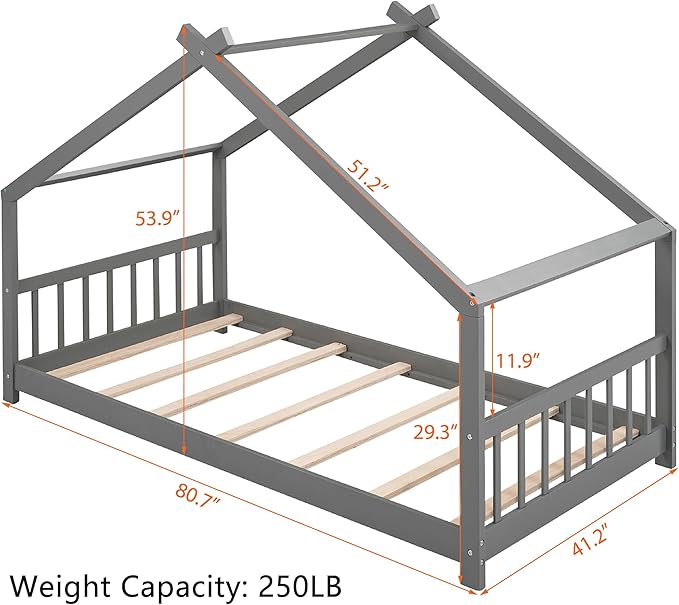 Kids Montessori Floor Bed Twin Size, Twin Floor Bed Frame with Headboard, Footboard and Slats, Wood Montessori Bed Twin Size/House Floor Bed for Kids, Girls, Boys, Gray Floor Bed - LeafyLoom