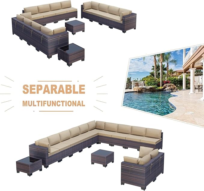 Kullavik 14PCS Outdoor Patio Furniture Set PE Wicker Rattan Sectional Sofa Patio Conversation Sets,Sand - LeafyLoom