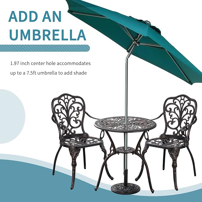 Outdoor Bistro Table and Chairs Set of 2 Cast Aluminum Patio Bistro Set with Umbrella Hole, All Weather Bistro Table Set for Garden, Bronze - LeafyLoom