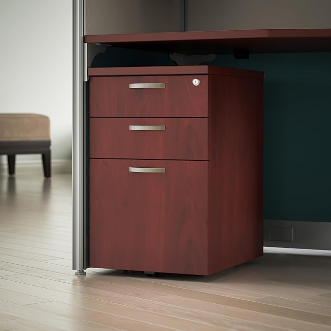 Bush Business Furniture Office in an Hour 3 Rolling File Cabinet | Mobile Under Desk Drawers for Letter, Legal, and A4-size Document Storage, Hansen Cherry - LeafyLoom