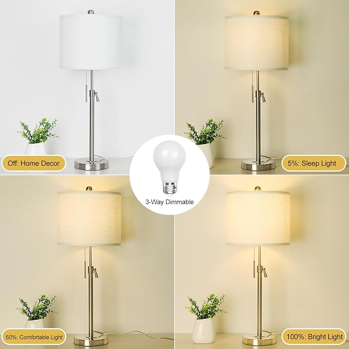 Brushed Nickel Table Lamps Set of 2: 22" to 30" Height Adjustable Nightstand Lamps with White Linen Shade | Pull Chain Switch | Silver Pole Beside Lamp for Living Room Bedroom - LeafyLoom