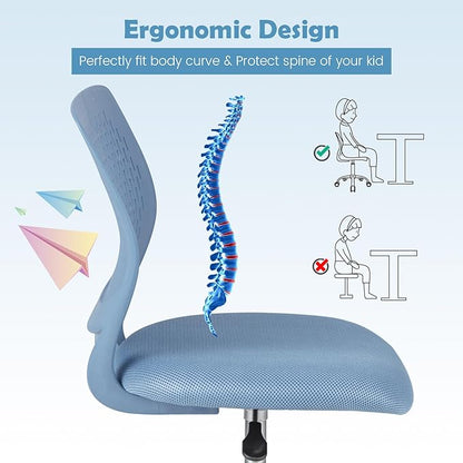 Kids Desk Chair, Blue Ergonomic Kids Office Chair Ages8-12 w/Lumbar Support, Low-Back Teen Desk Chair for Girls Boys, Small Cute Kids Computer Chair for Bedroom/Study/Vanity Desk - LeafyLoom