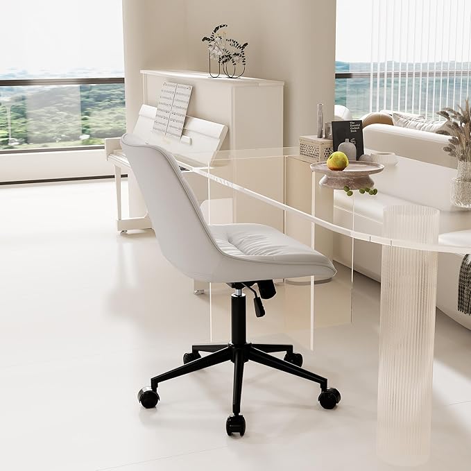 Kidol & Shellder Armless Office Chair Desk Chair Comfy Makeup Vanity Chair with Back Ergonomic Swivel Chair Home Office Desk Chairs with Wheels Rolling Computer Chair Bedroom Accent Chair(White) - LeafyLoom