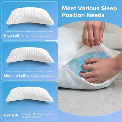 Cooling Side Sleeper Pillow for Neck and Shoulder Pain, Adjustable Shredded Memory Foam Bed Pillows for Sleeping, Ergonomic Curved Pillow with Extra Foam, Queen Size, Hypoallergenic Washable Cover - LeafyLoom