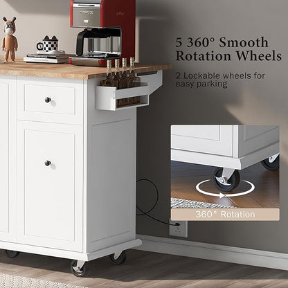 53.9" Drop Leaf, Rolling Island on Wheels w/Drawer and 3-Tier Pull Out Cabinet Organizer, Kitchen Storage Cart with Spice, Towel Rack, White, 53.94 Inch - LeafyLoom