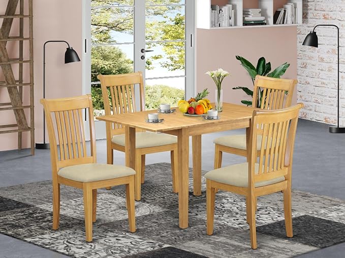 East West Furniture NDPO5-OAK-C Norden 5 Piece Kitchen Set Includes a Rectangle Dining Room Table with Dropleaf and 4 Linen Fabric Upholstered Chairs, 30x48 Inch, Oak - LeafyLoom